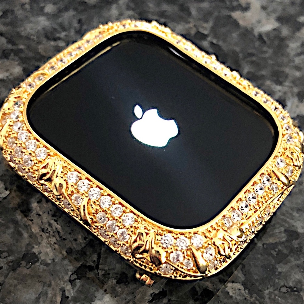 Apple Watch bezel case with rosebud design in Yellow gold with lab diamonds